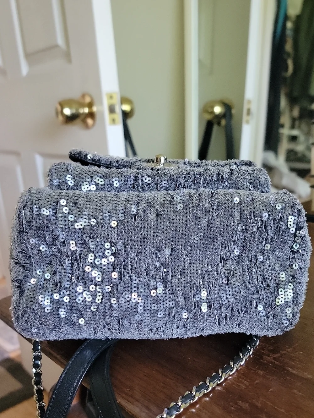CHANEL Charcoal Sequin Waterfall Quilted Mini Backpack